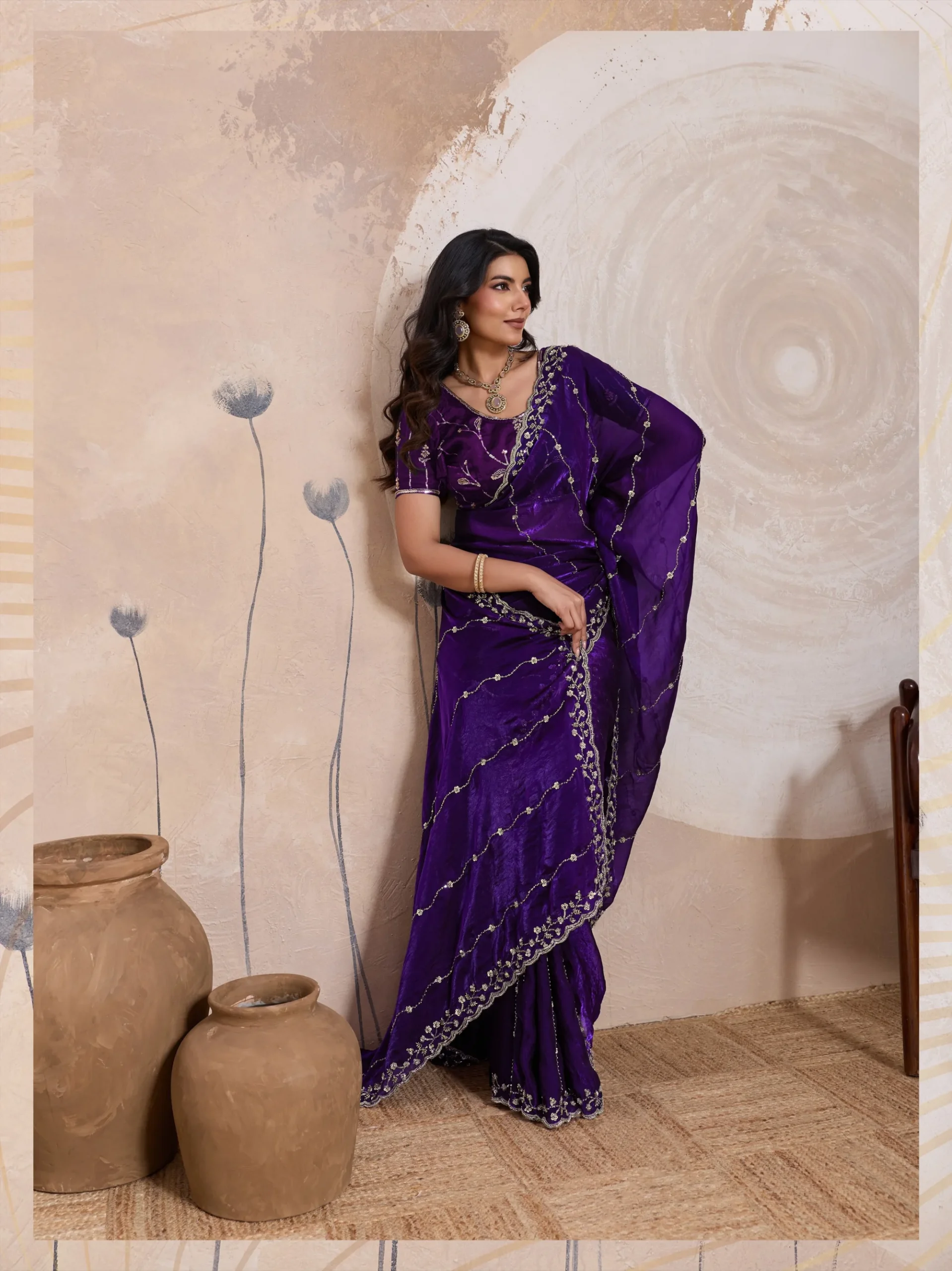 Royal Purple Metallic Fandy Satin Saree - Image 4