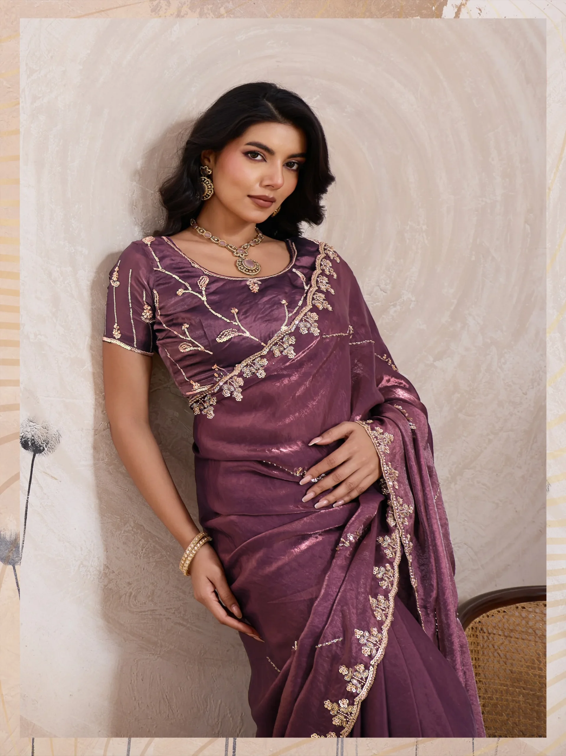 Wine Plum Metallic Fandy Satin Saree with Cutdana & Zari Work
