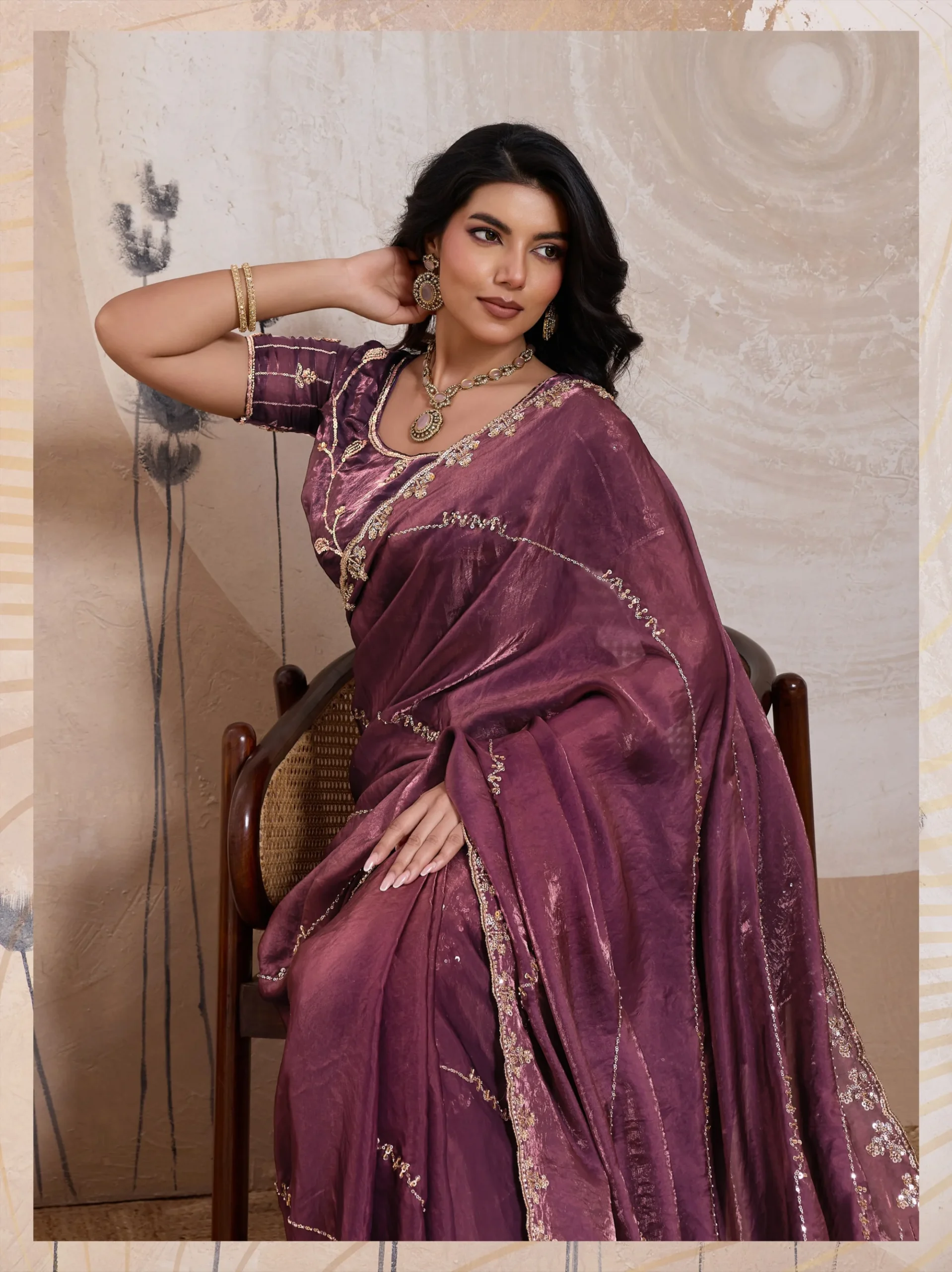 Wine Plum Metallic Fandy Satin Saree with Cutdana & Zari Work - Image 2