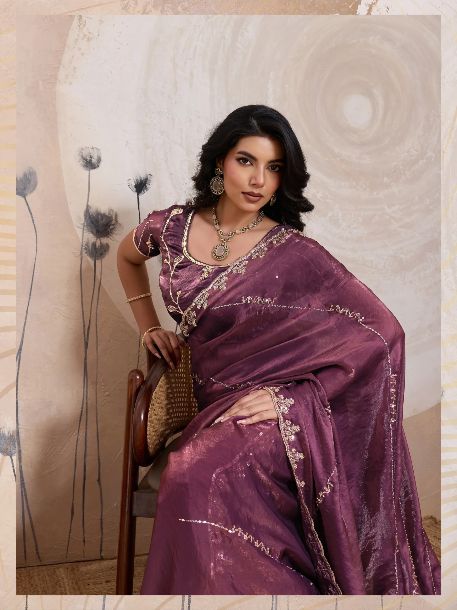 Wine Plum Metallic Fandy Satin Saree with Cutdana & Zari Work - Image 3