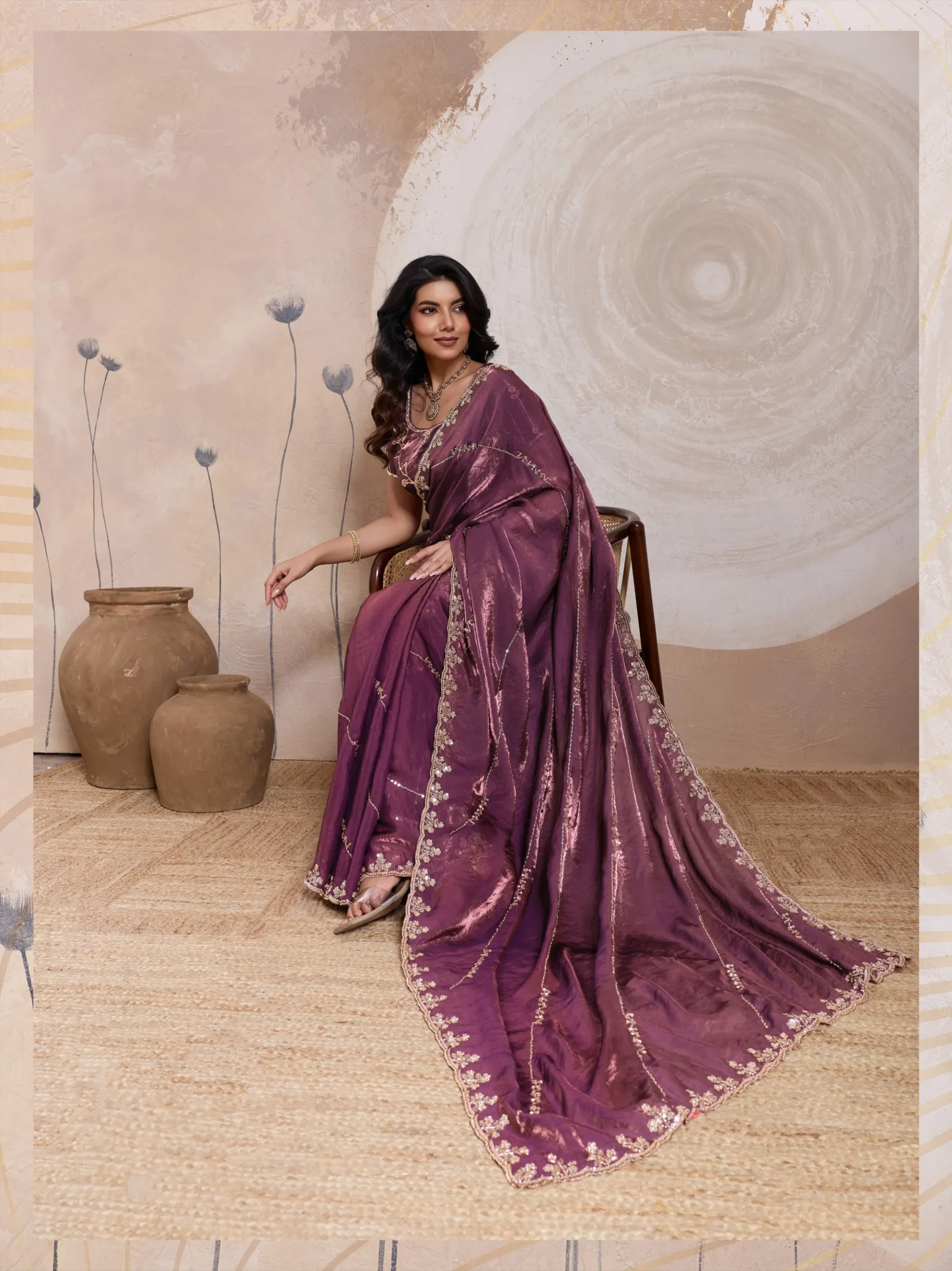 Wine Plum Metallic Fandy Satin Saree with Cutdana & Zari Work - Image 5