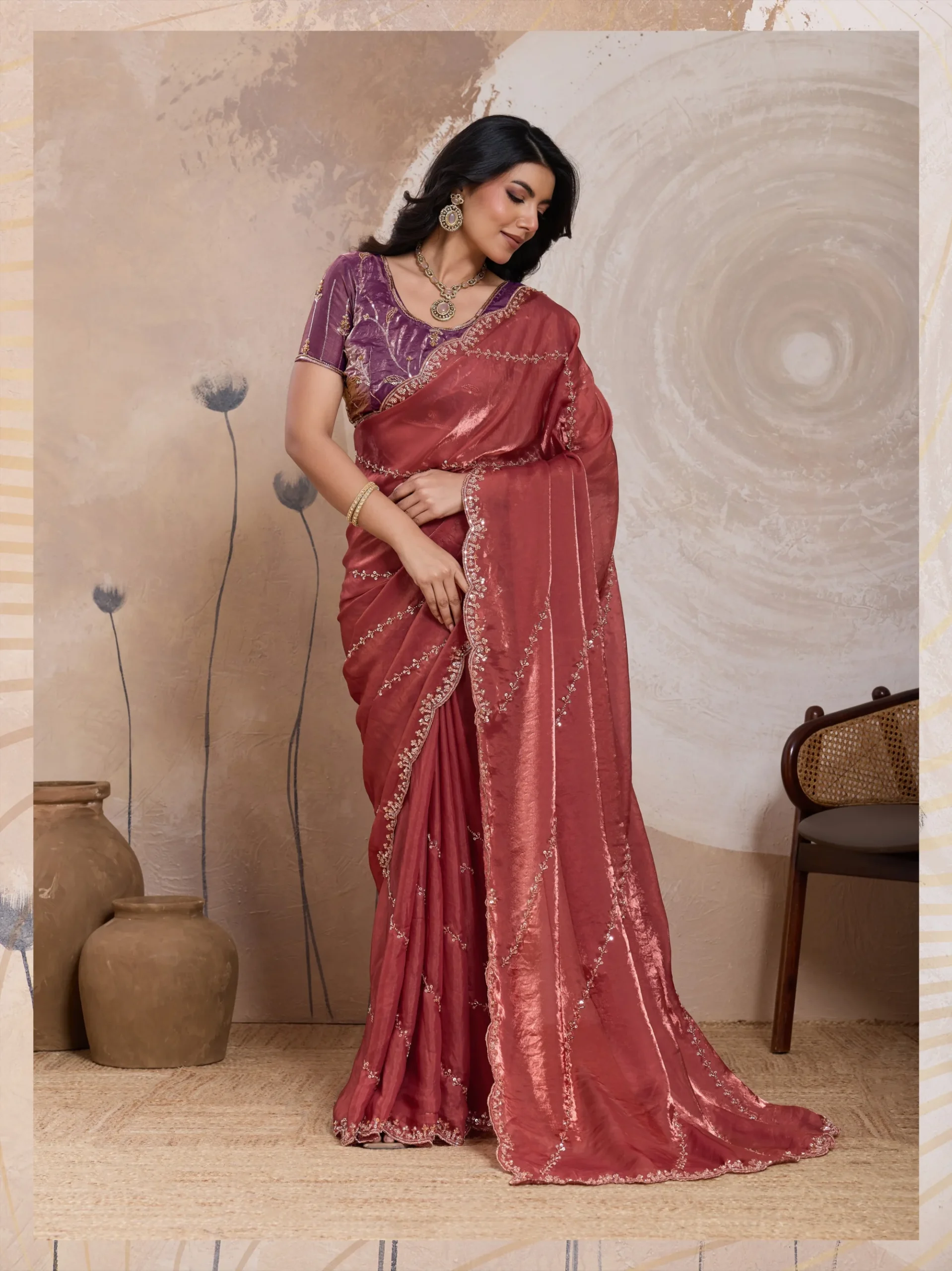 Rust Rose Metallic Fandy Satin Saree