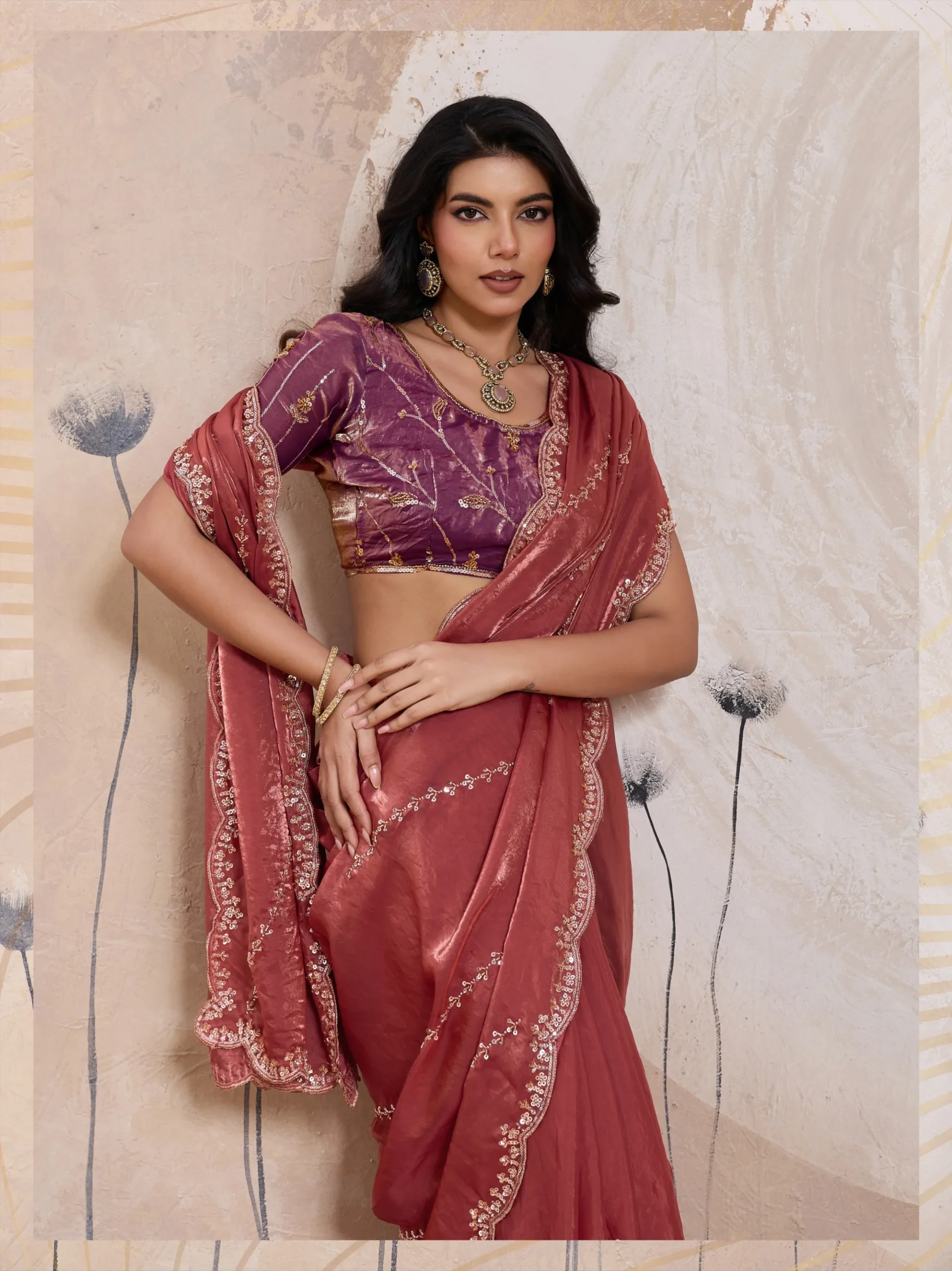 Rust Rose Metallic Fandy Satin Saree - Image 3