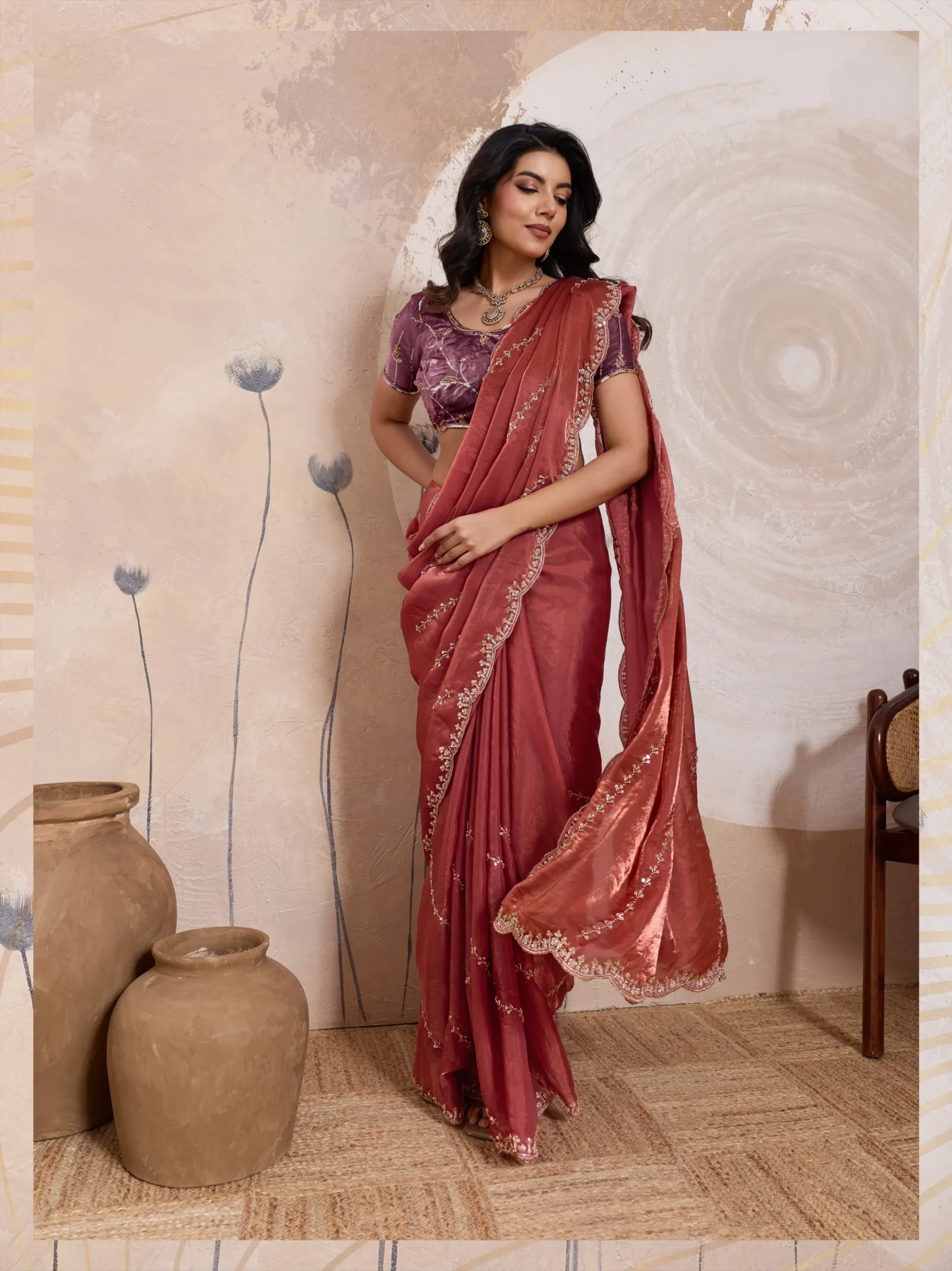 Rust Rose Metallic Fandy Satin Saree - Image 4
