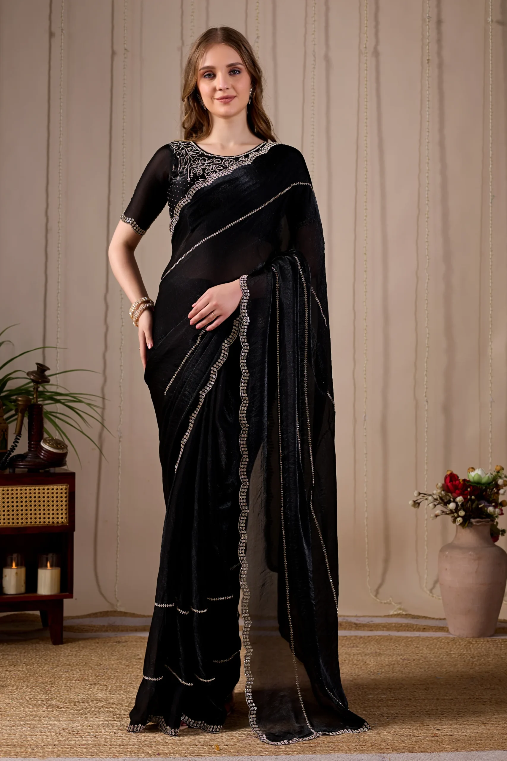 Midnight Elegance Fandy Satin Silk Saree with Jarkan Stone Work