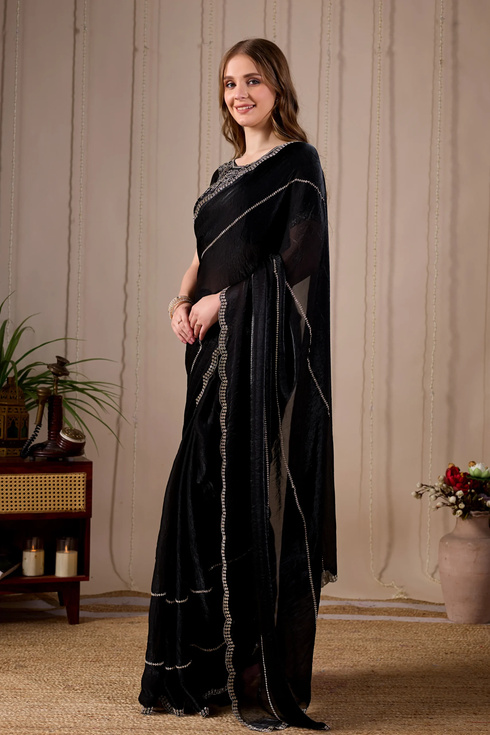 Midnight Elegance Fandy Satin Silk Saree with Jarkan Stone Work - Image 2