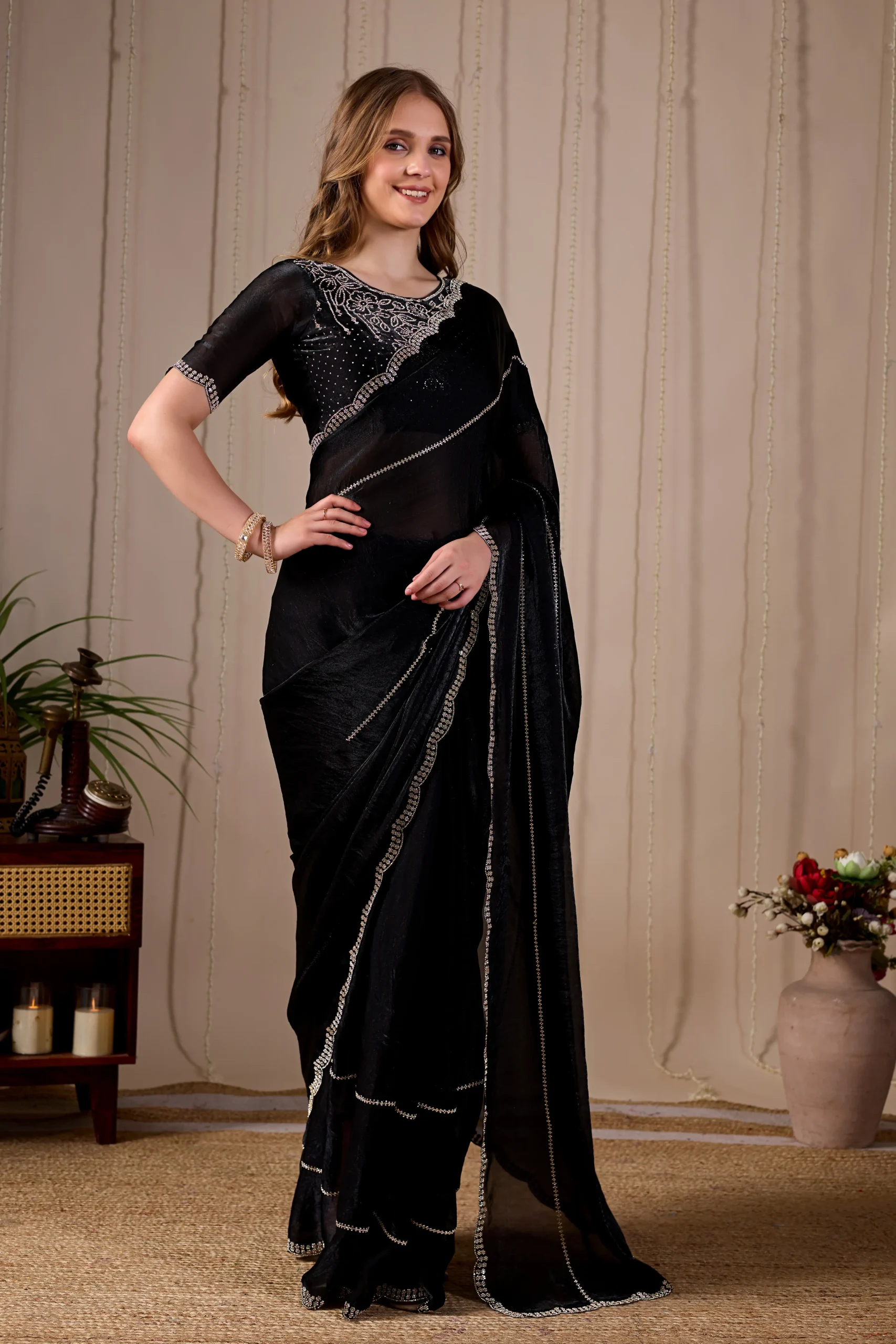 Midnight Elegance Fandy Satin Silk Saree with Jarkan Stone Work - Image 3