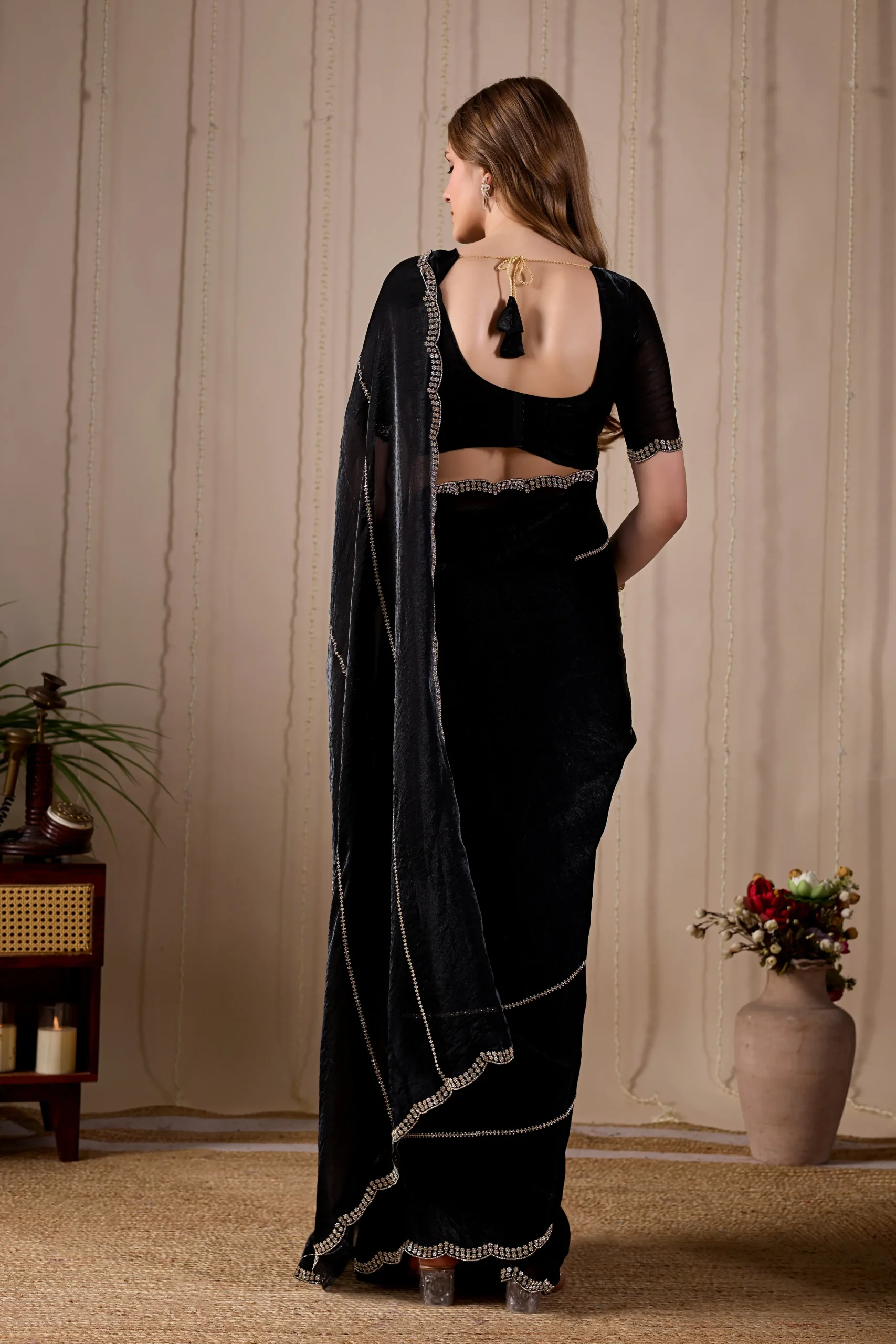 Midnight Elegance Fandy Satin Silk Saree with Jarkan Stone Work - Image 4