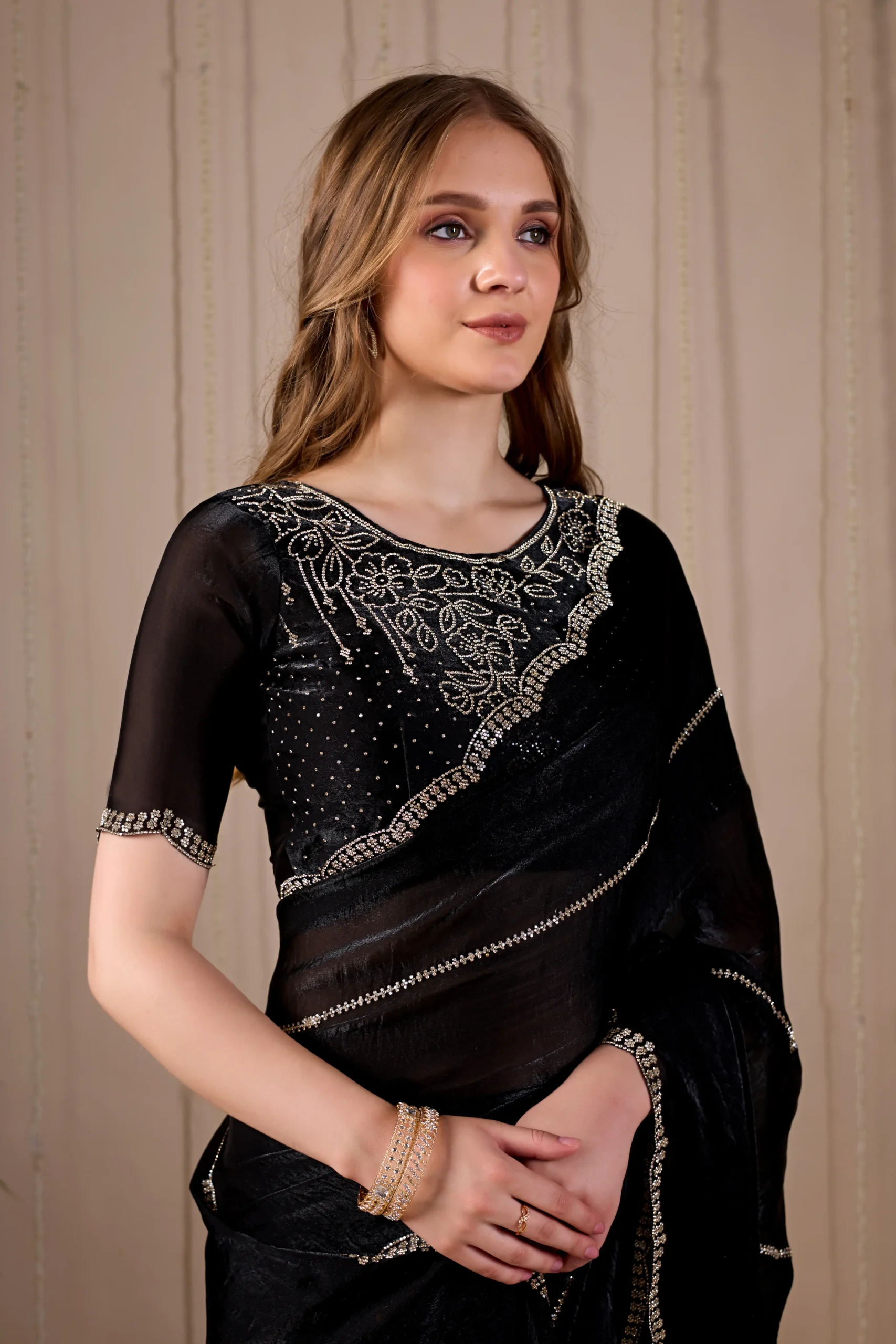 Midnight Elegance Fandy Satin Silk Saree with Jarkan Stone Work - Image 5