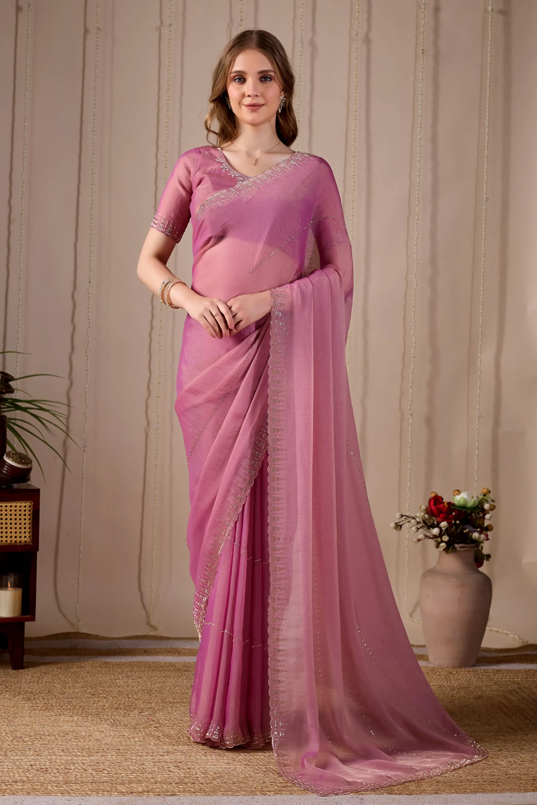 Blush Pink Saree with Val & Jarkan Diamond Work - Image 6