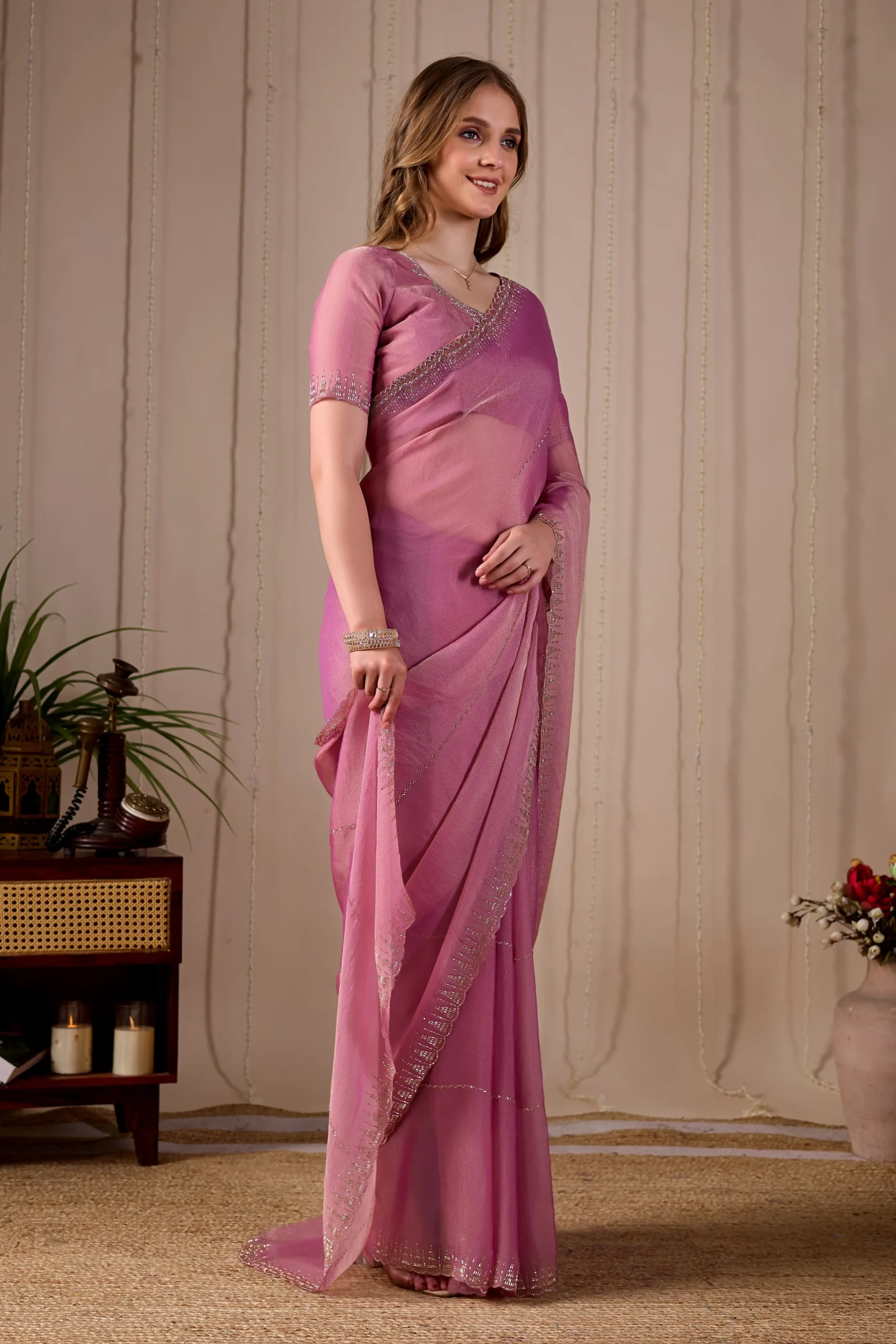 Blush Pink Saree with Val & Jarkan Diamond Work - Image 3