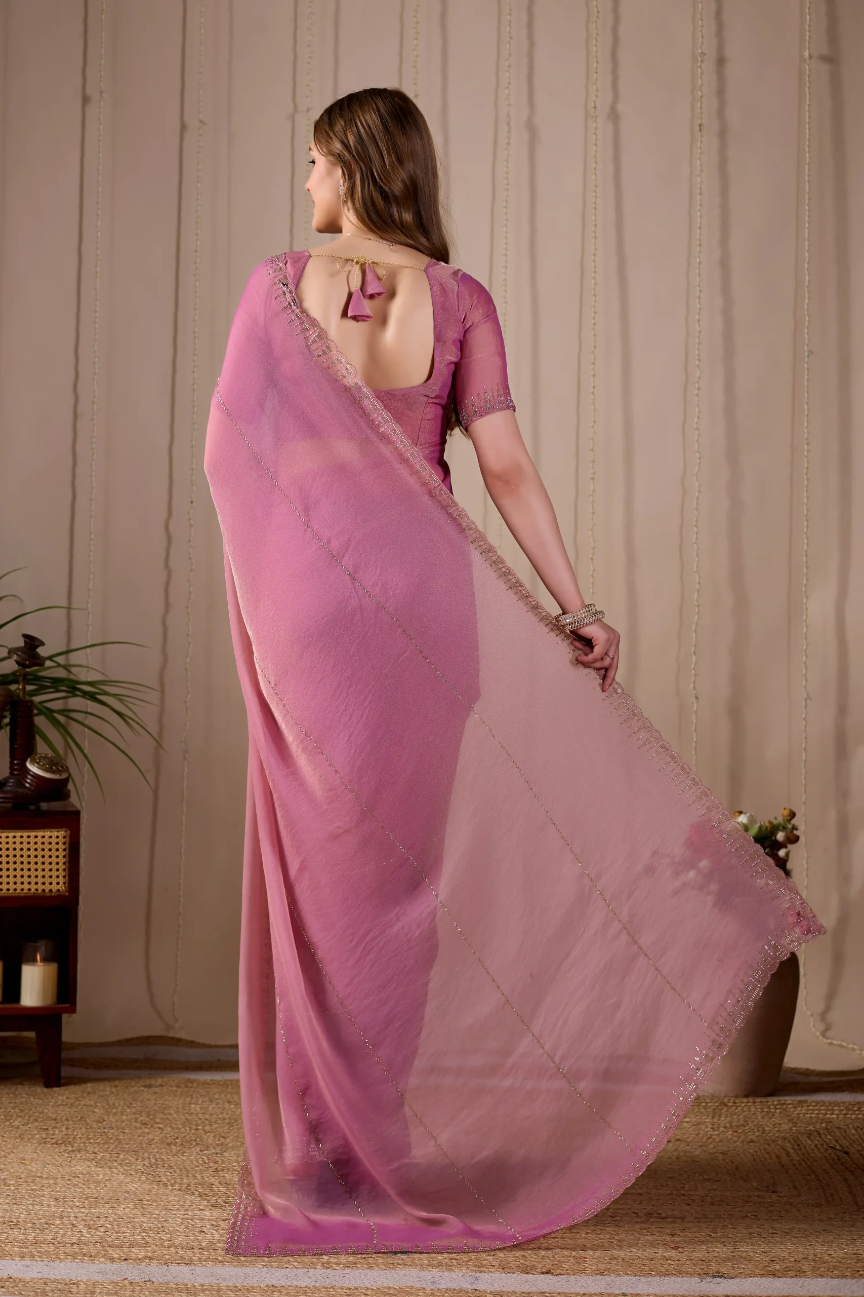 Blush Pink Saree with Val & Jarkan Diamond Work - Image 5