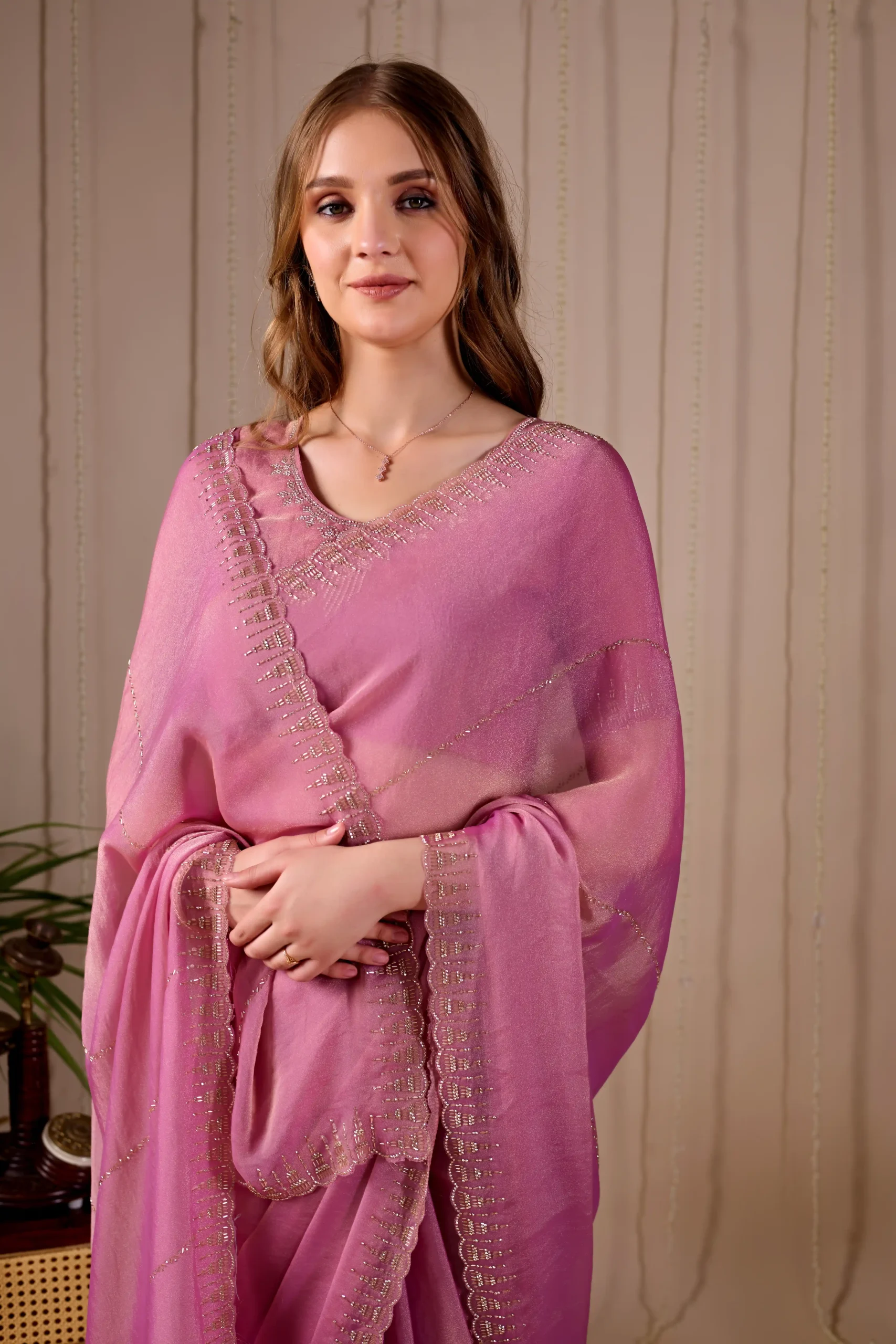 Blush Pink Saree with Val & Jarkan Diamond Work - Image 2