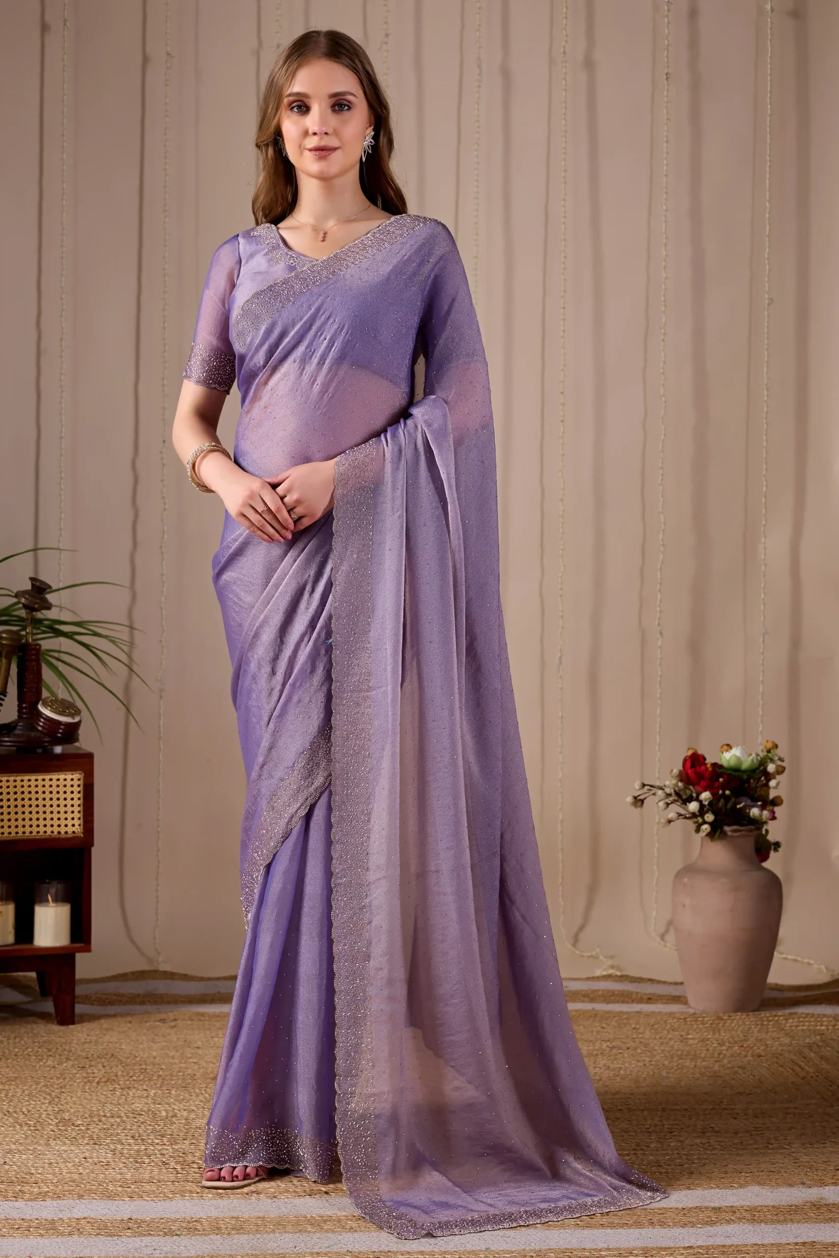 Lavender NC Mossé Saree with Jarkan Diamond Stone Detailing