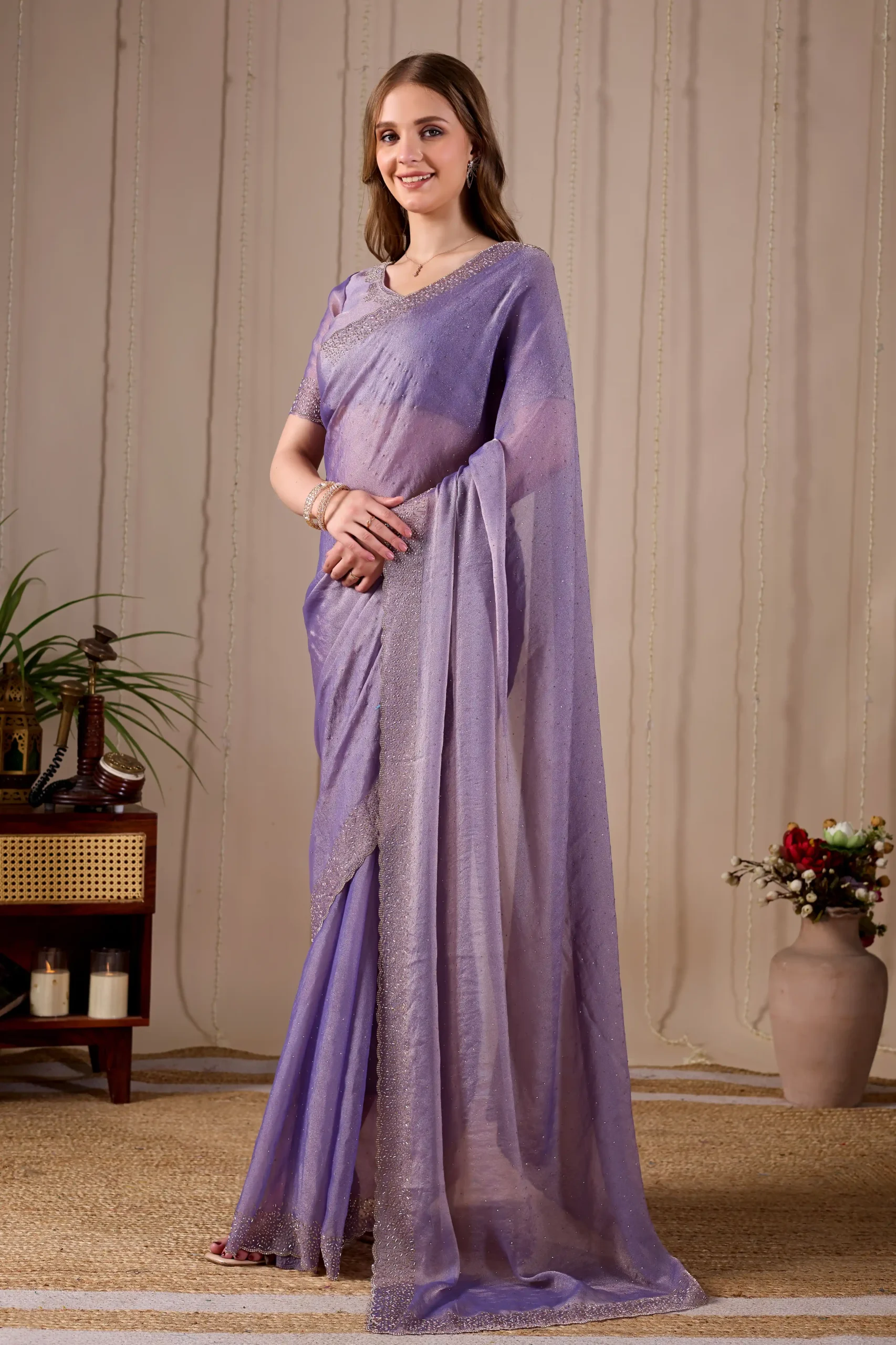 Lavender NC Mossé Saree with Jarkan Diamond Stone Detailing - Image 2
