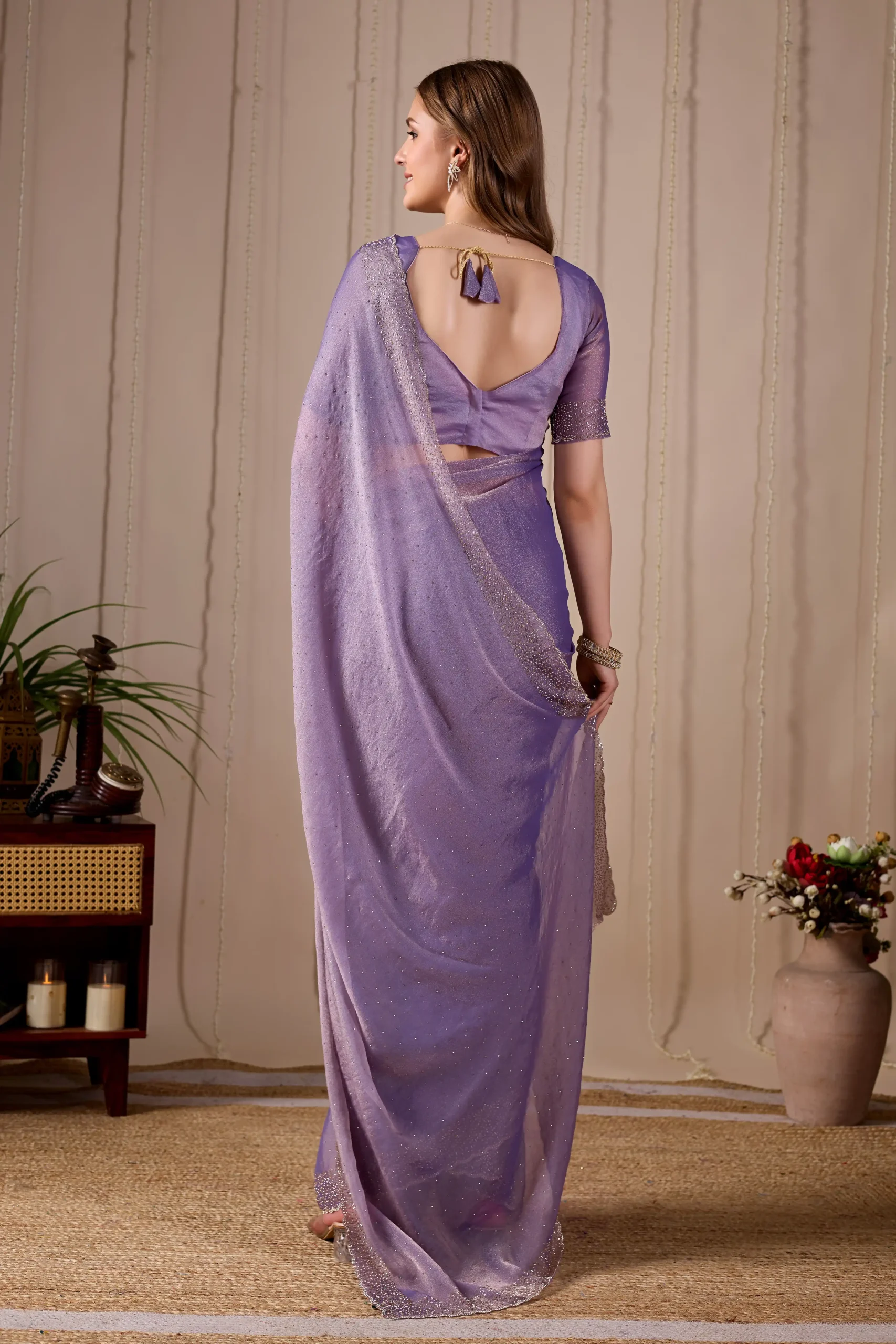 Lavender NC Mossé Saree with Jarkan Diamond Stone Detailing - Image 3