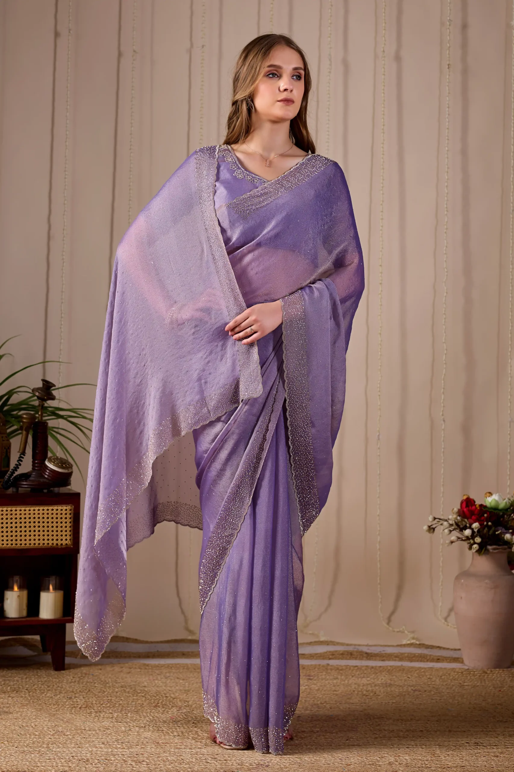 Lavender NC Mossé Saree with Jarkan Diamond Stone Detailing - Image 5