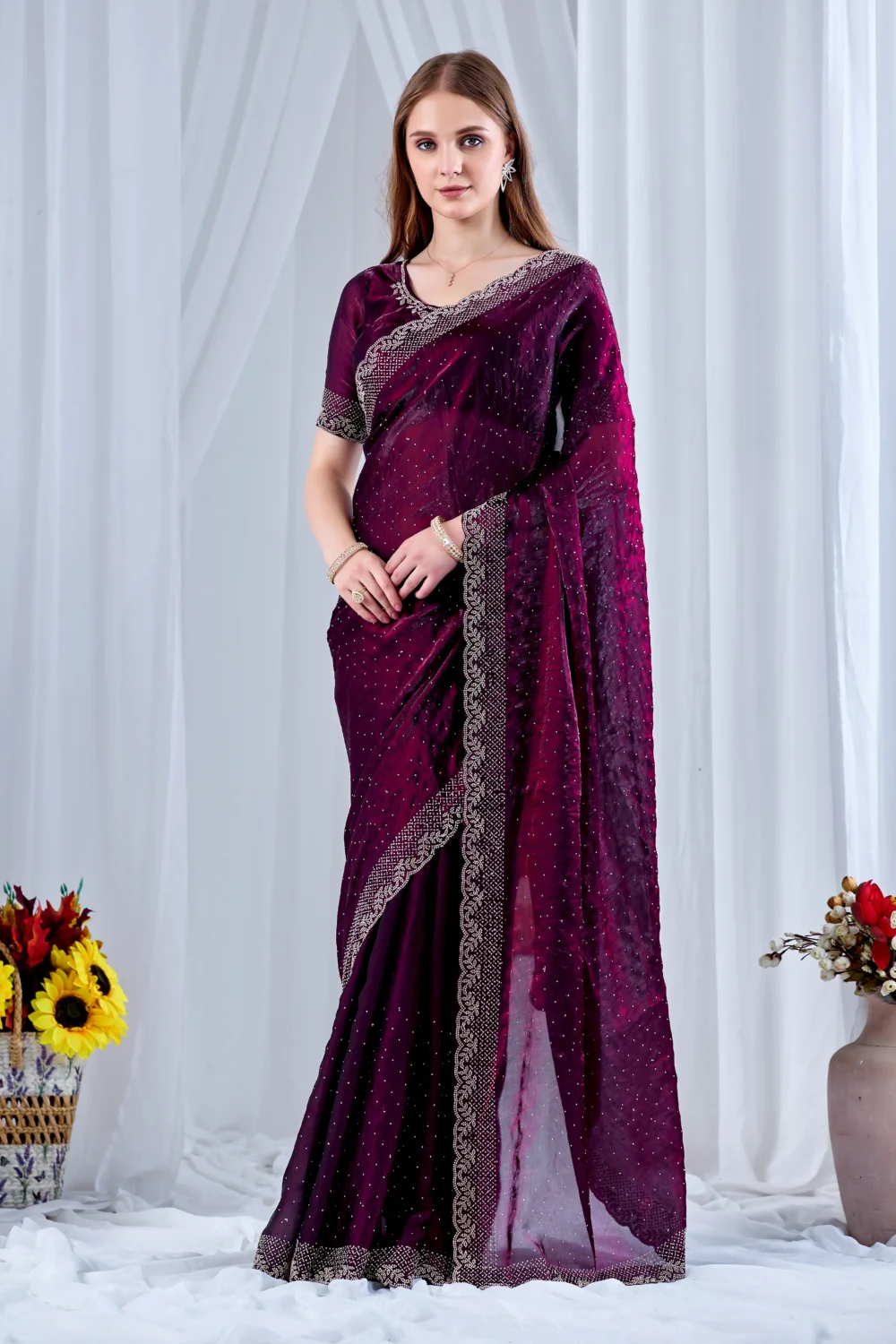 Wine Colour Designer Saree with Val & Jarkan Diamond Work