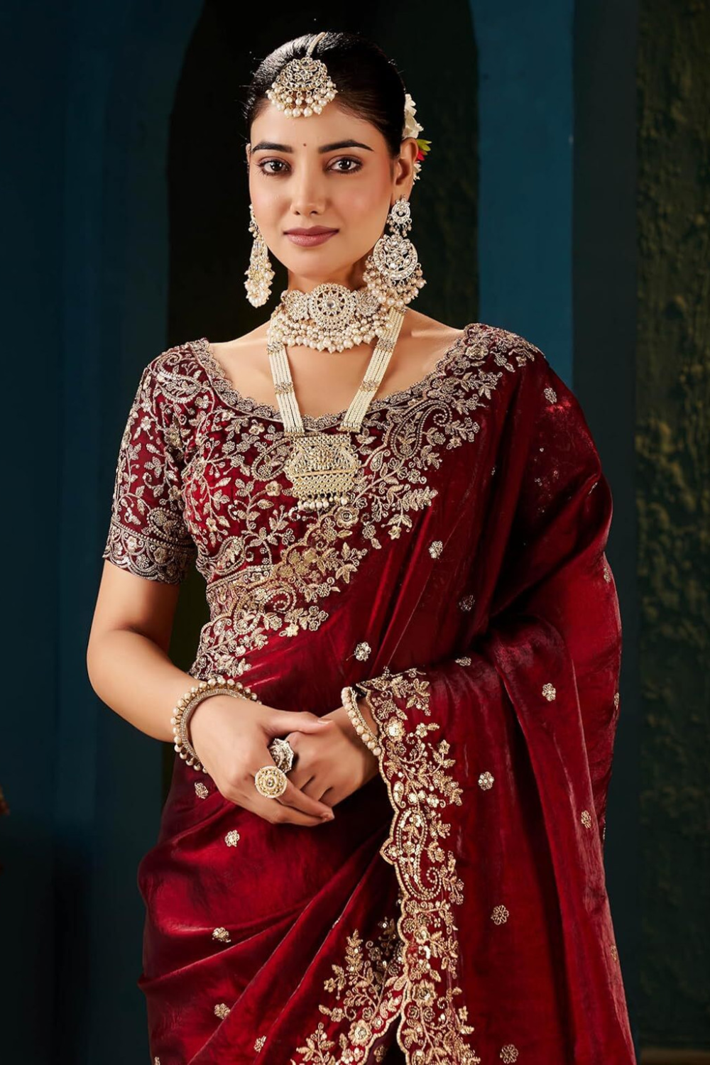 Maroon Fandy Satin Embroidered Saree
