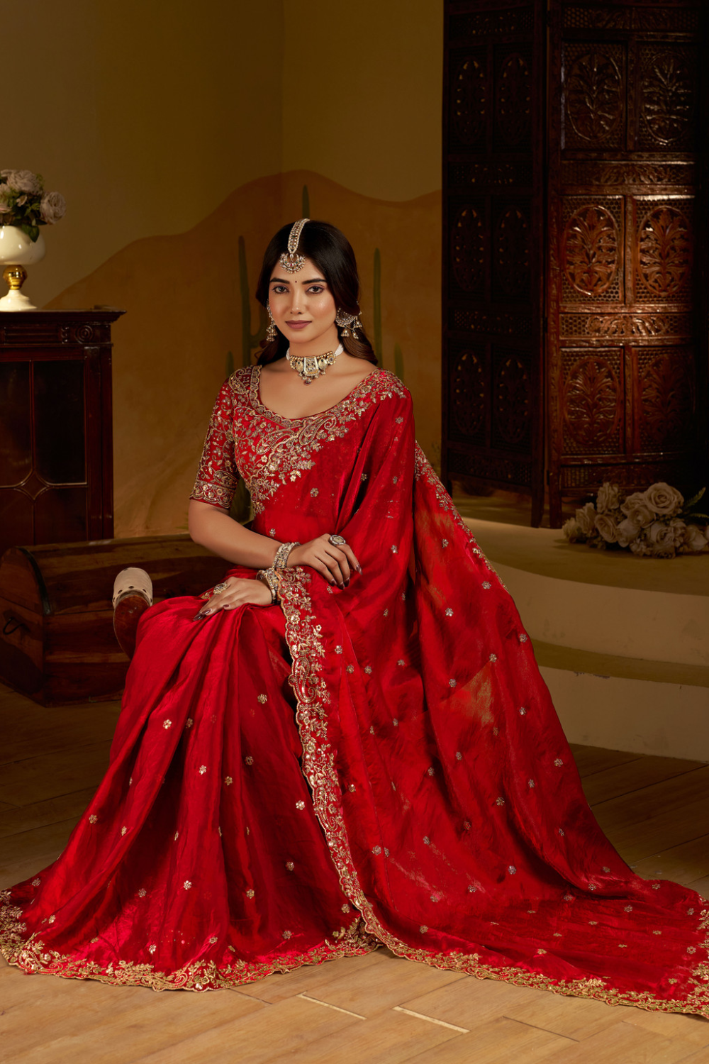 Cherry Fandy Satin Embroidered Saree
