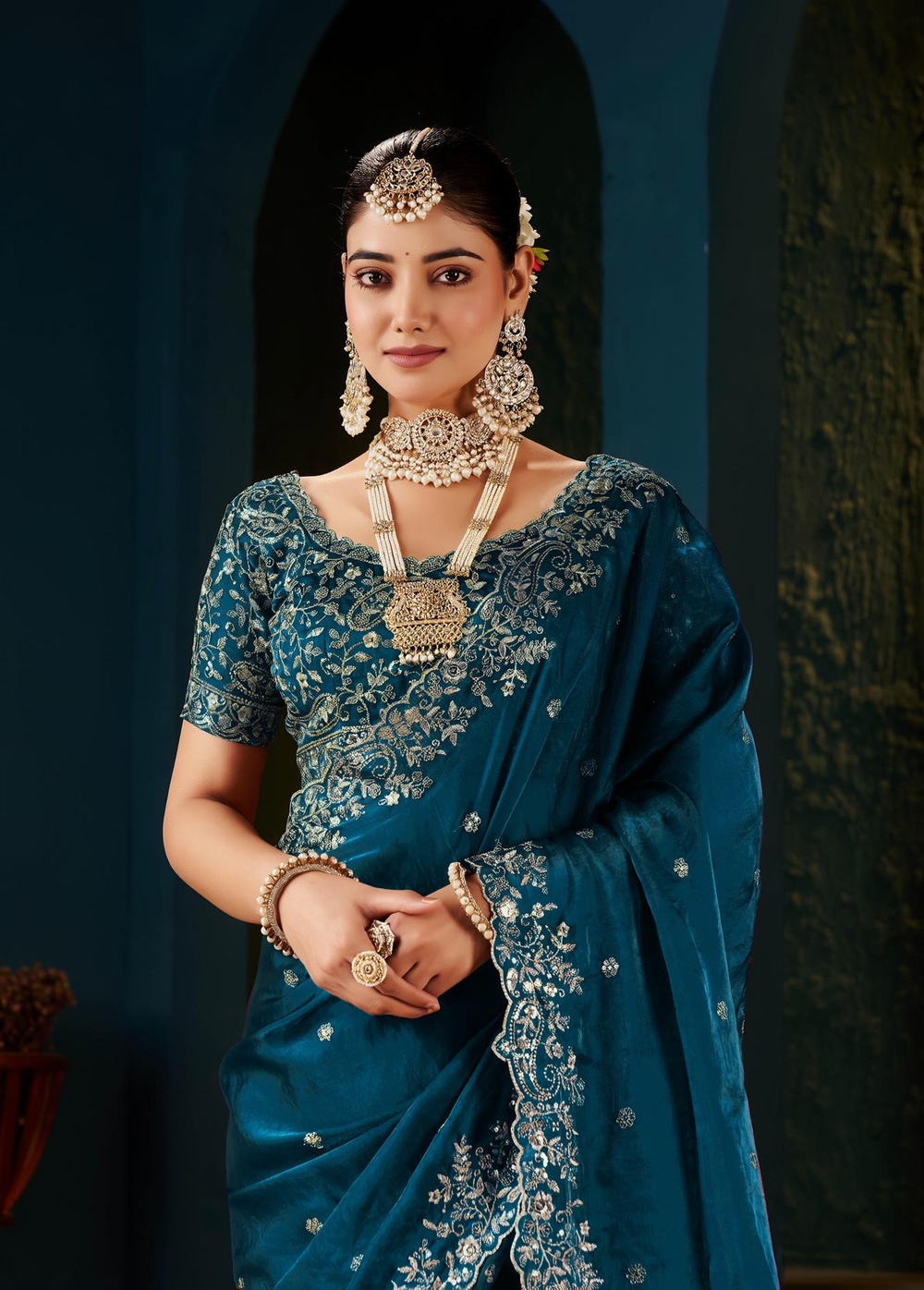 Royal Rama Fandy Satin Embroidered Saree