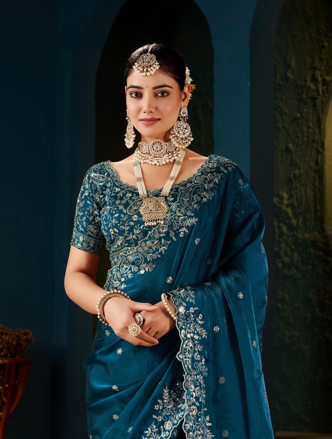 Royal Rama Fandy Satin Embroidered Saree