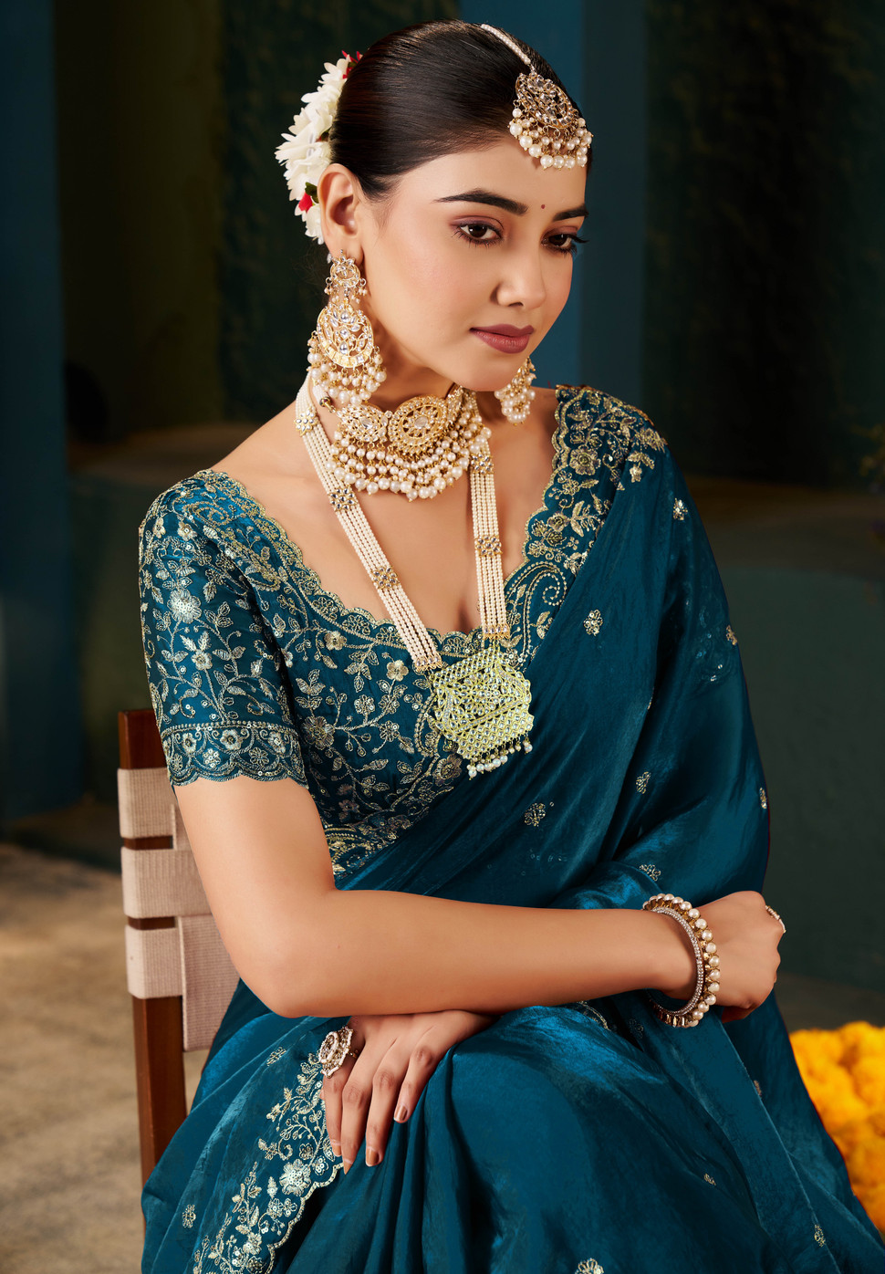 Royal Rama Fandy Satin Embroidered Saree - Image 2
