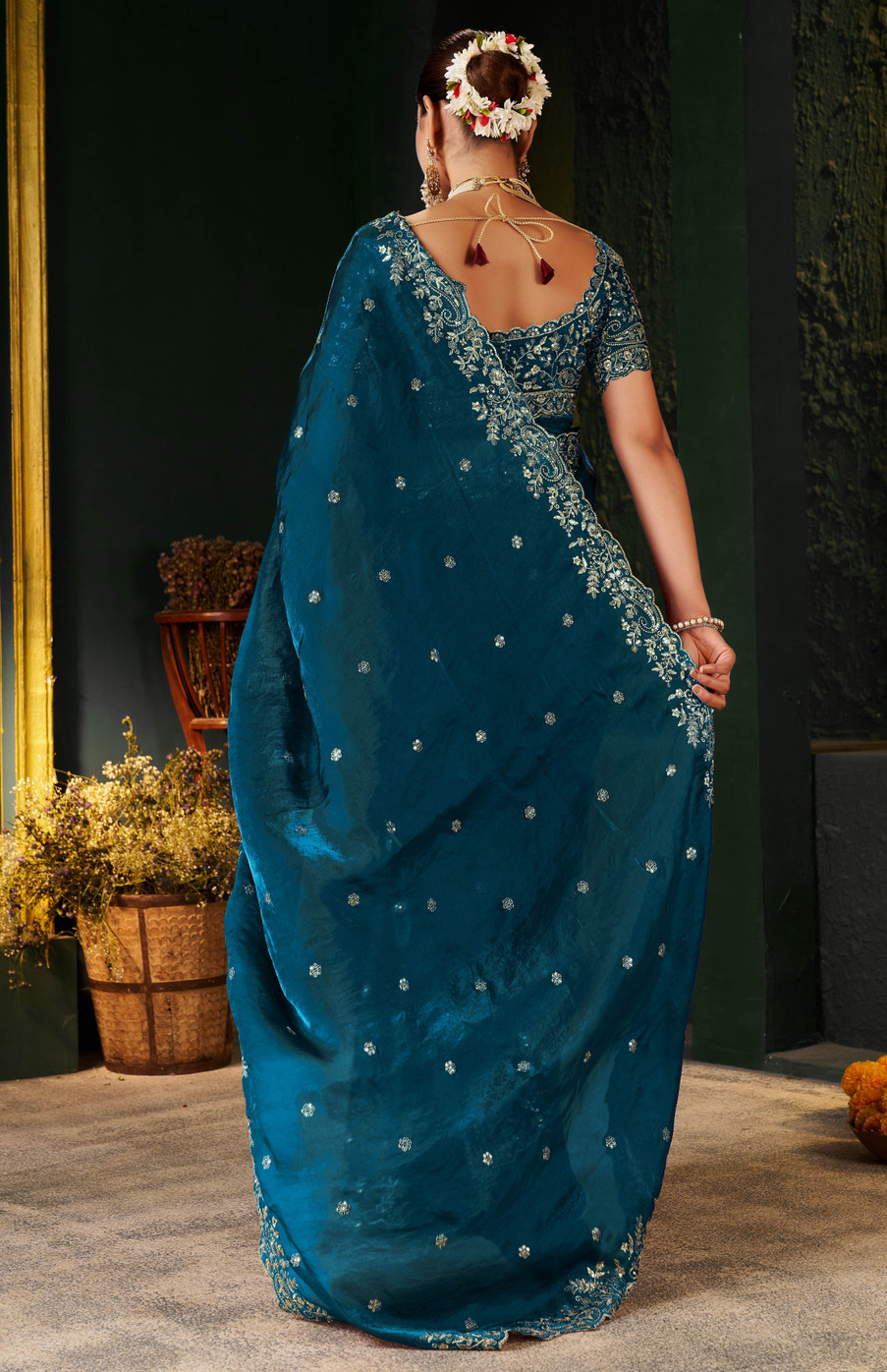 Royal Rama Fandy Satin Embroidered Saree - Image 3