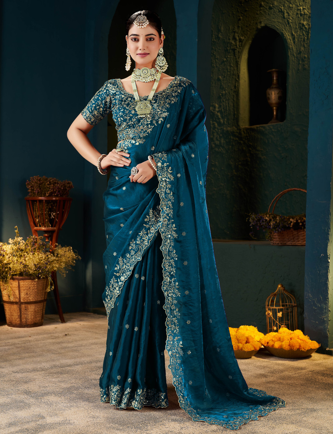 Royal Rama Fandy Satin Embroidered Saree - Image 4
