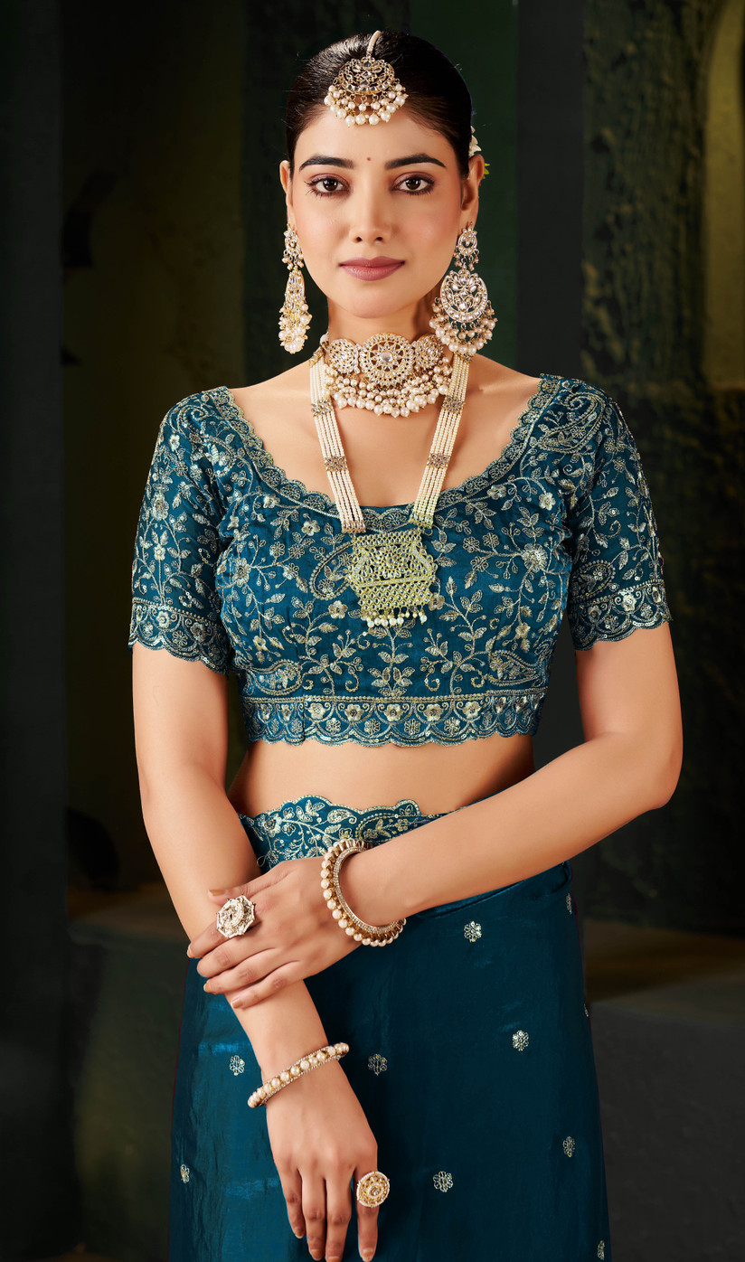 Royal Rama Fandy Satin Embroidered Saree - Image 5