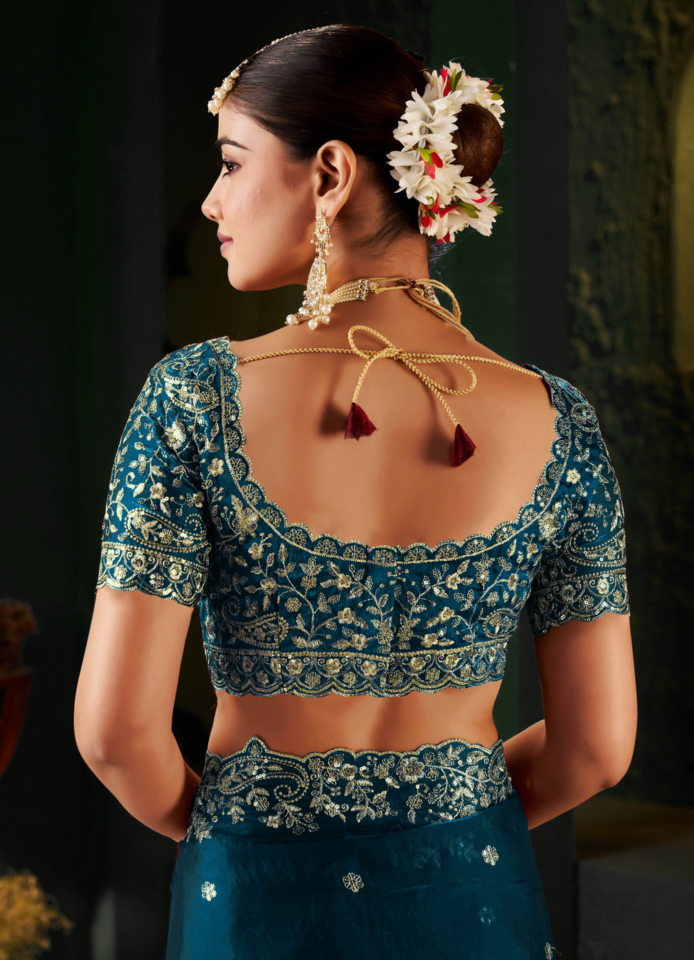 Royal Rama Fandy Satin Embroidered Saree - Image 6