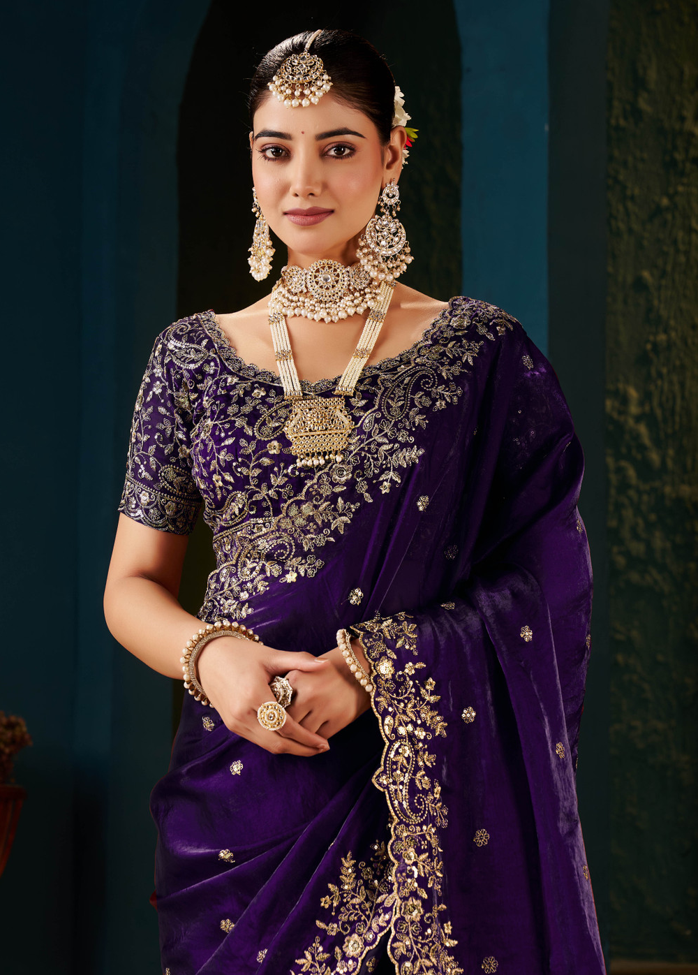 Voilet Fandy Satin Embroidered Saree