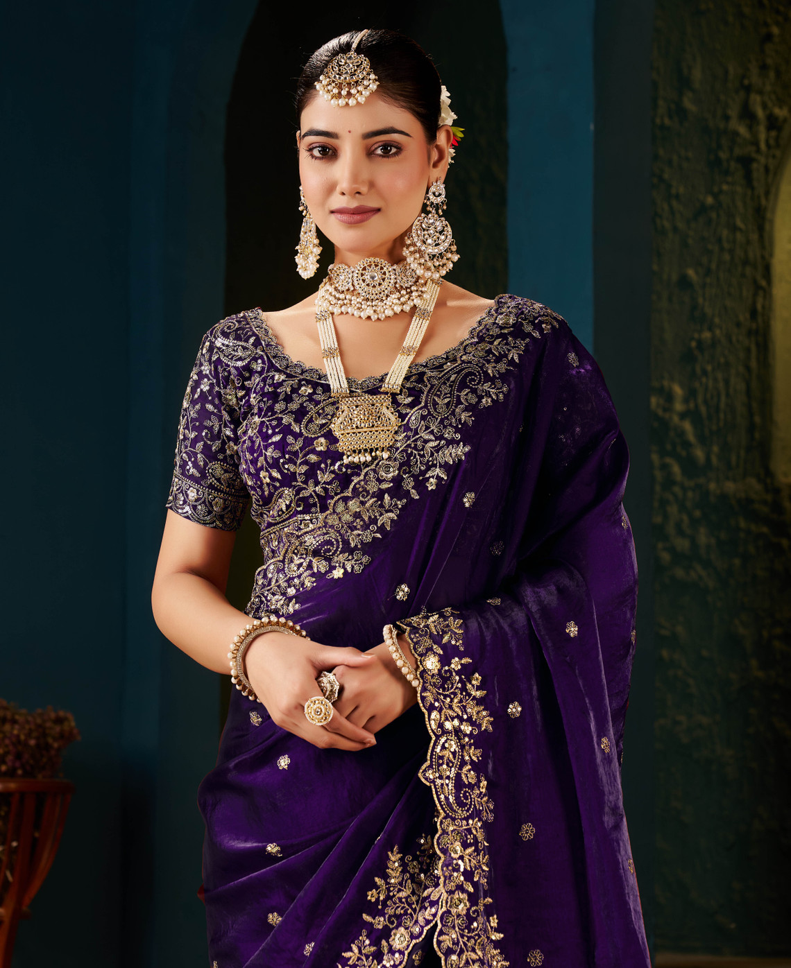 Voilet Fandy Satin Embroidered Saree