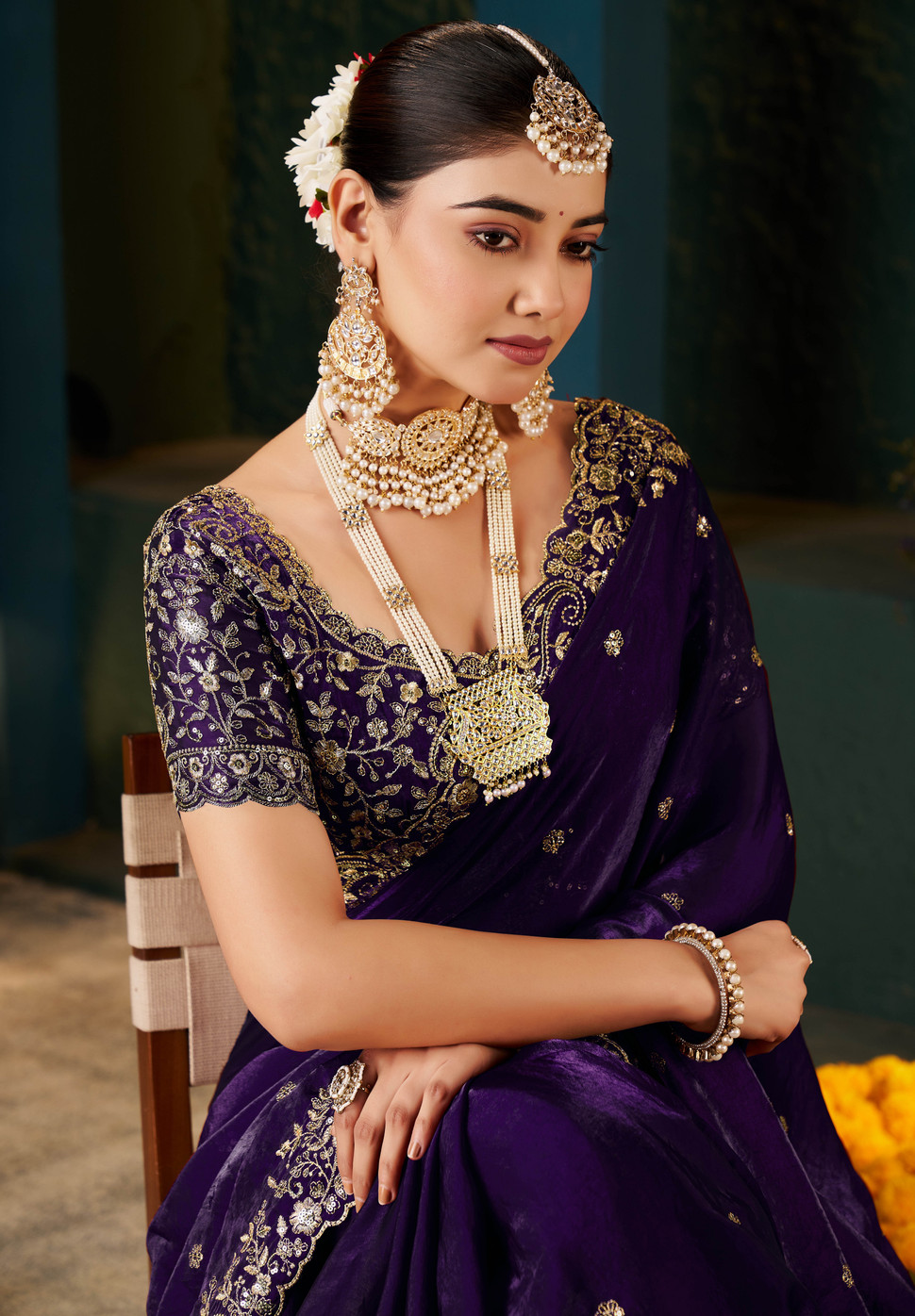 Voilet Fandy Satin Embroidered Saree - Image 2