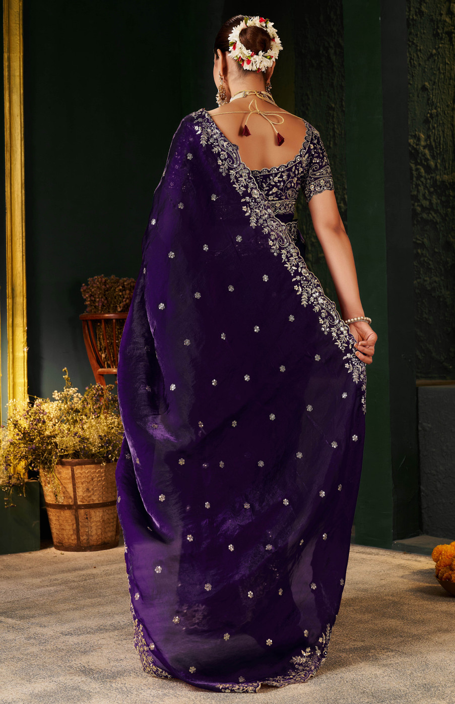 Voilet Fandy Satin Embroidered Saree - Image 3