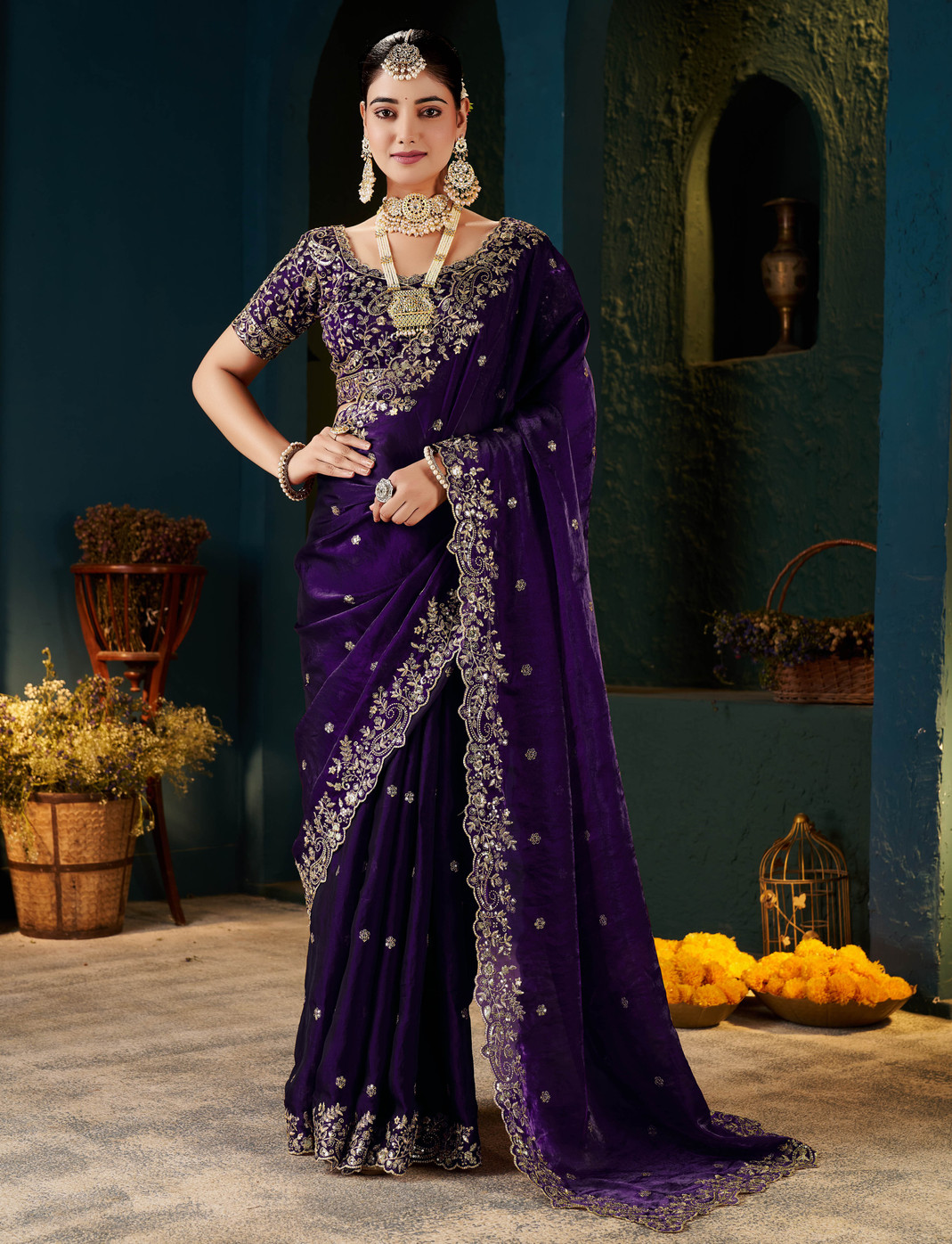 Voilet Fandy Satin Embroidered Saree - Image 4