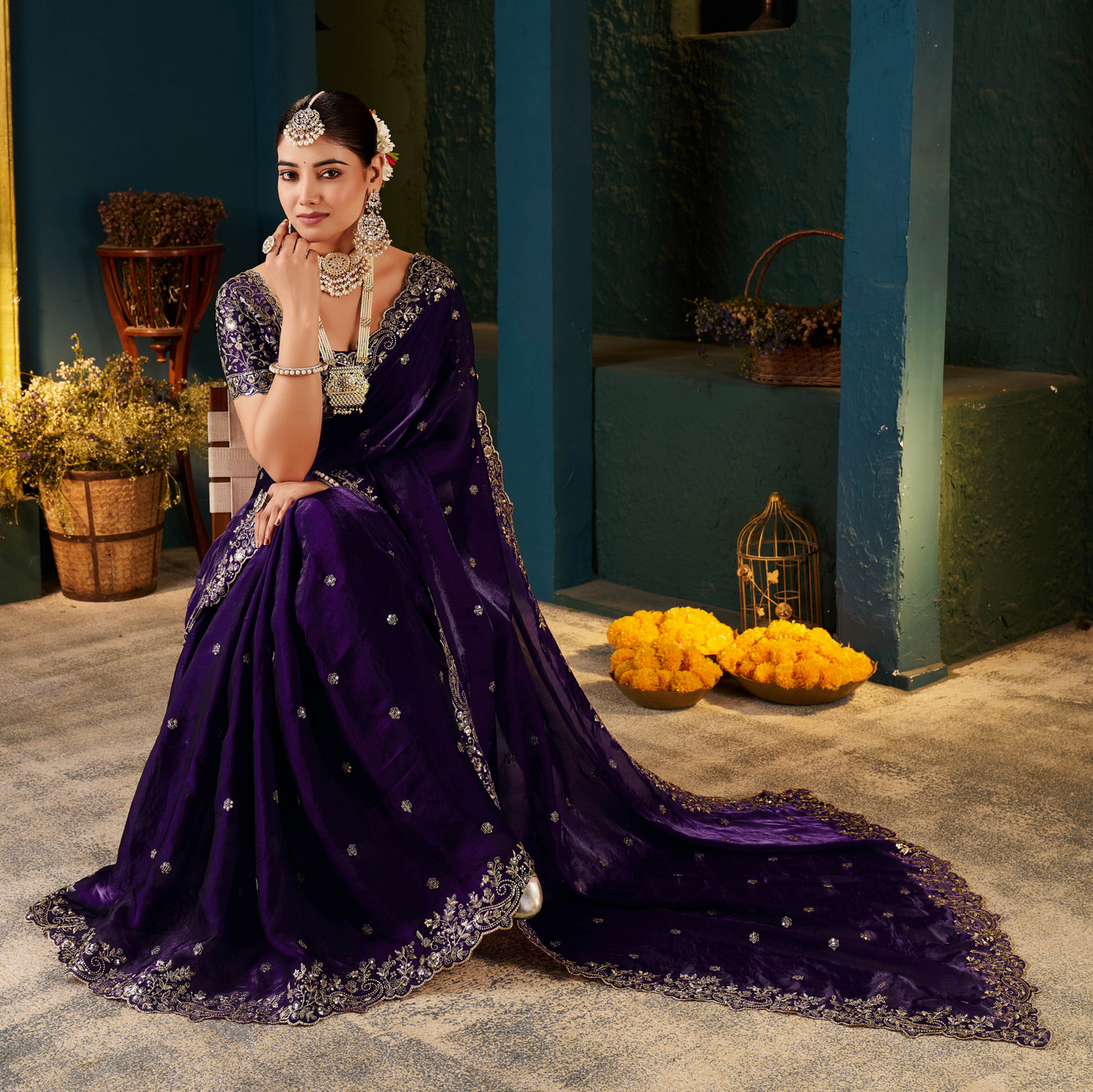 Voilet Fandy Satin Embroidered Saree - Image 5