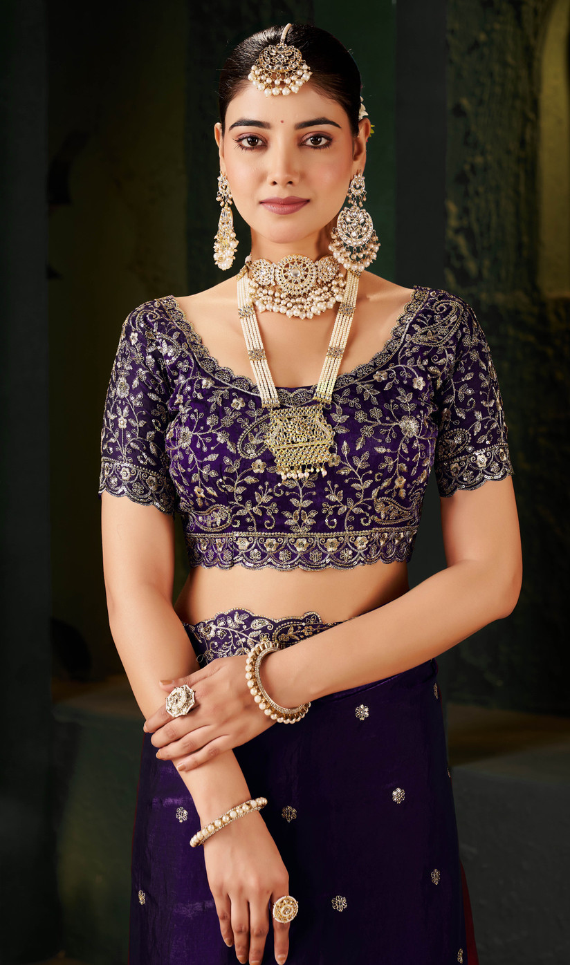 Voilet Fandy Satin Embroidered Saree - Image 6